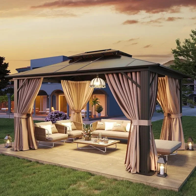 Hardtop Aluminum Gazebo With Curtains Netting And Outdoor Polycarbonate Roof