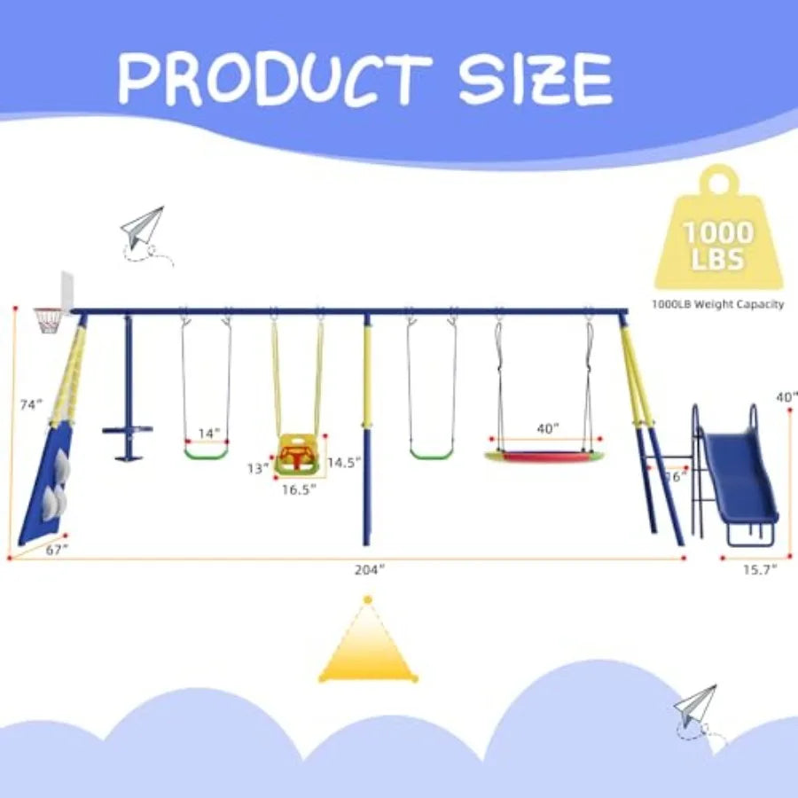 Multifunction Outdoor Metal Swing Set With Slide Hammock Teeter Totter