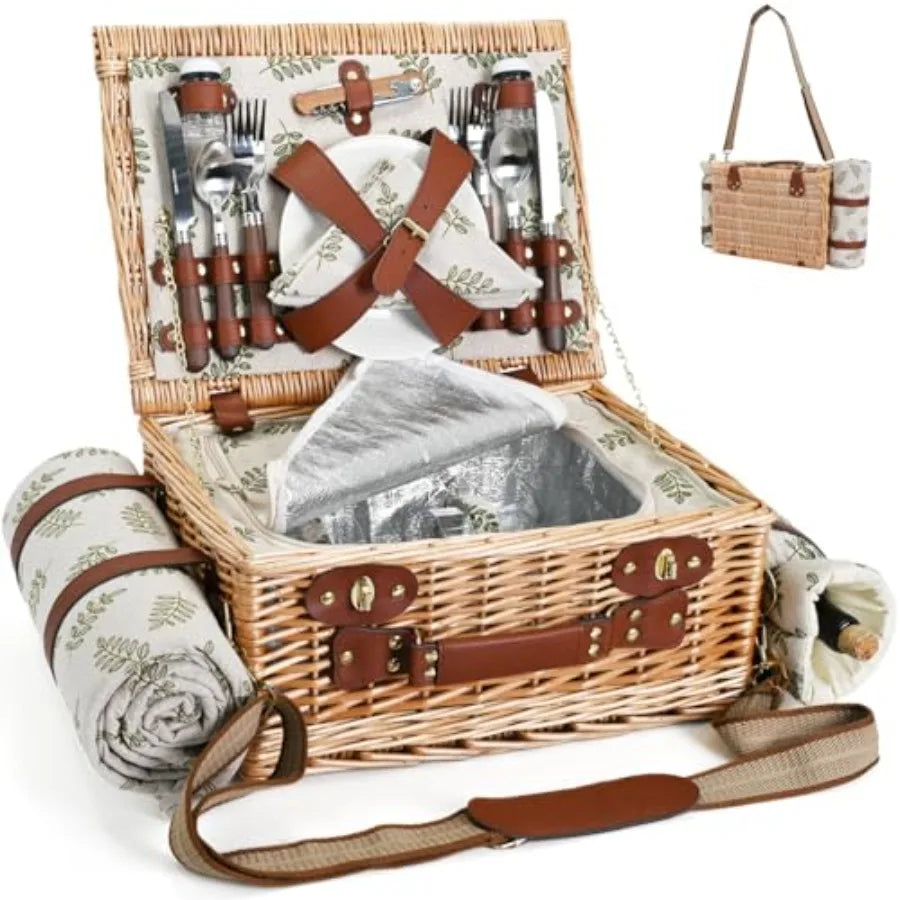 Wicker Picnic Basket for Two with Blanket & Wine Pouch | Outdoor Picnic Set