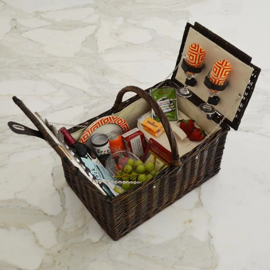 Surrey Willow Picnic Basket in Brown Wicker with Diamond Orange Design