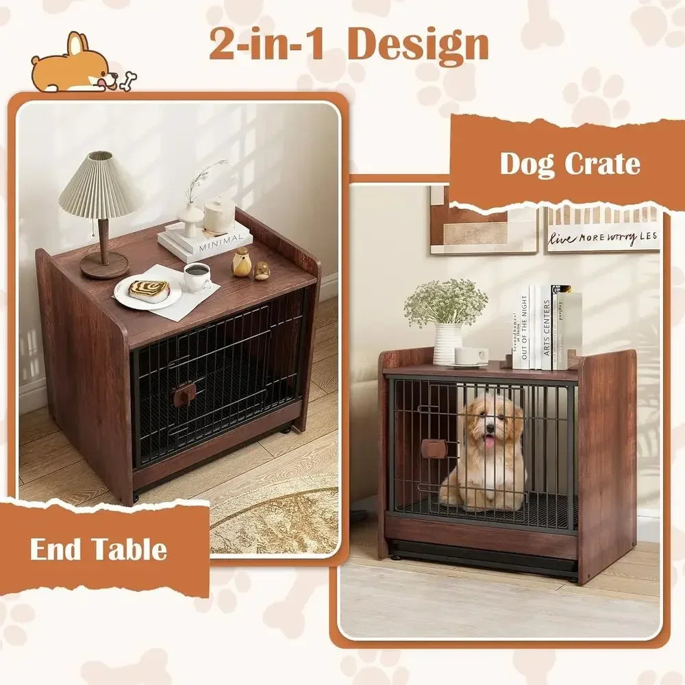 Small Wooden Dog Crate End Table with Removable Tray