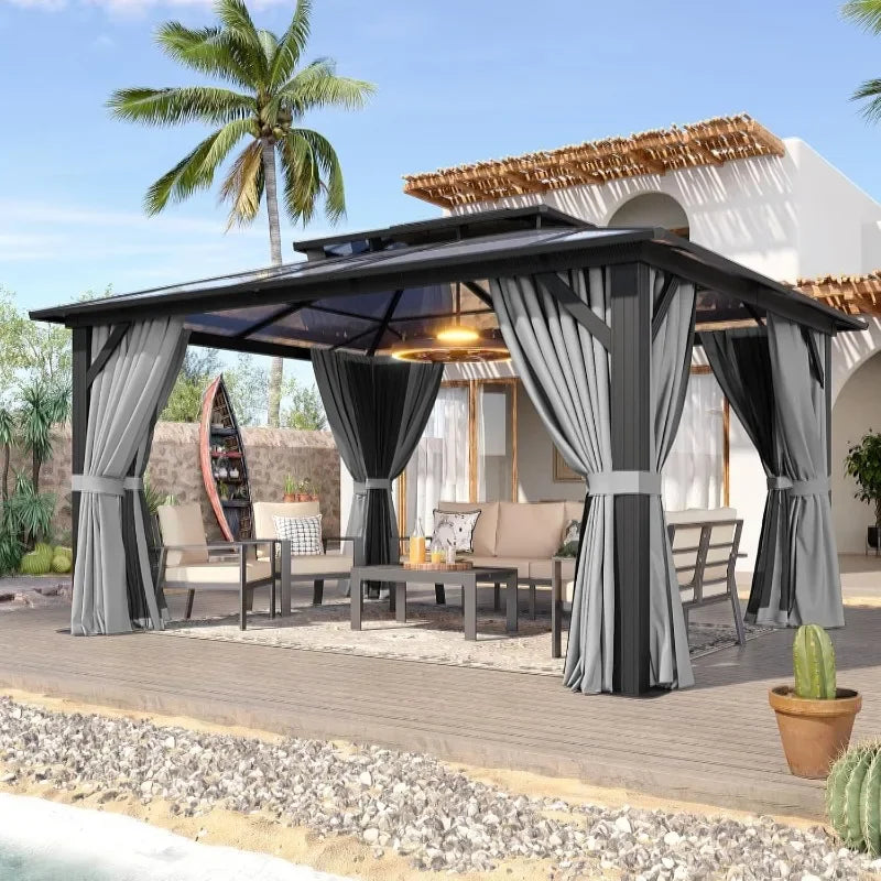 Hardtop Aluminum Gazebo With Curtains Netting And Outdoor Polycarbonate Roof