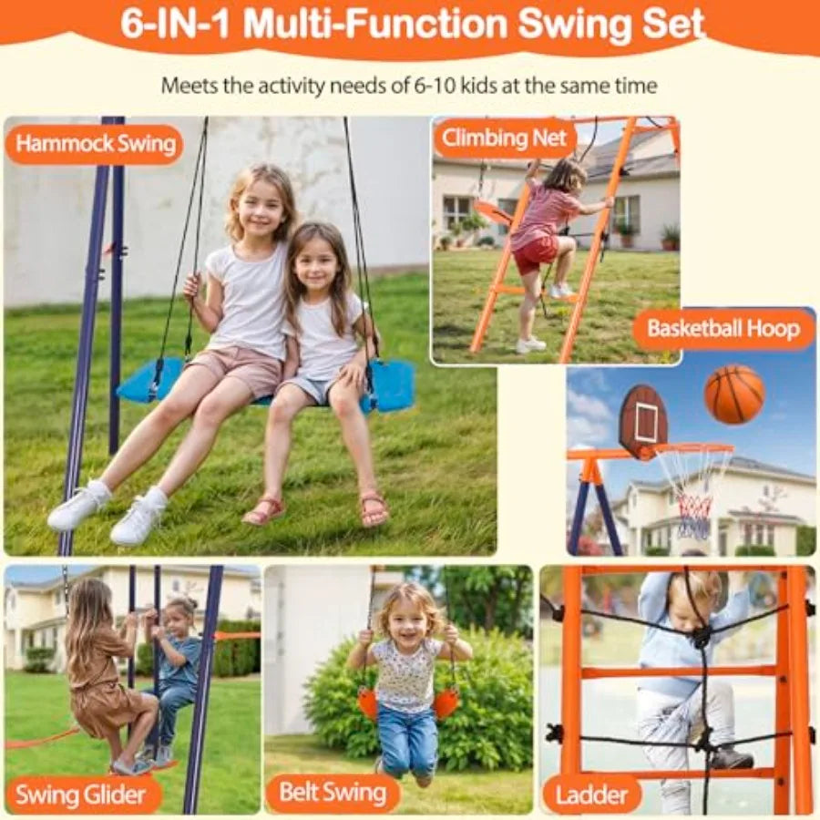 Outdoor Metal Swing Set For Kids With Swings And Trapeze