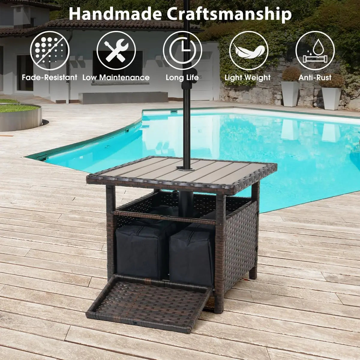 Wicker Patio Umbrella Stand With Side Table And Weight Bags