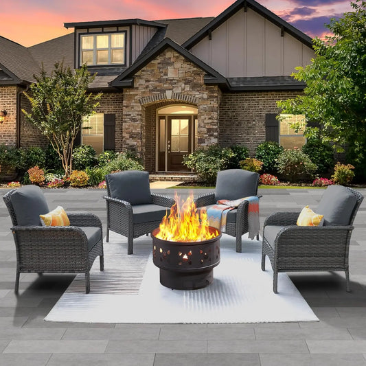 Outdoor Wicker Patio Set Fire Pit High Back Chairs