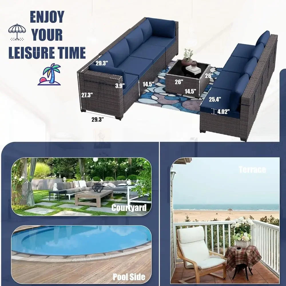 9-Piece Outdoor Patio Set With Rattan Wicker And Glass Coffee Table