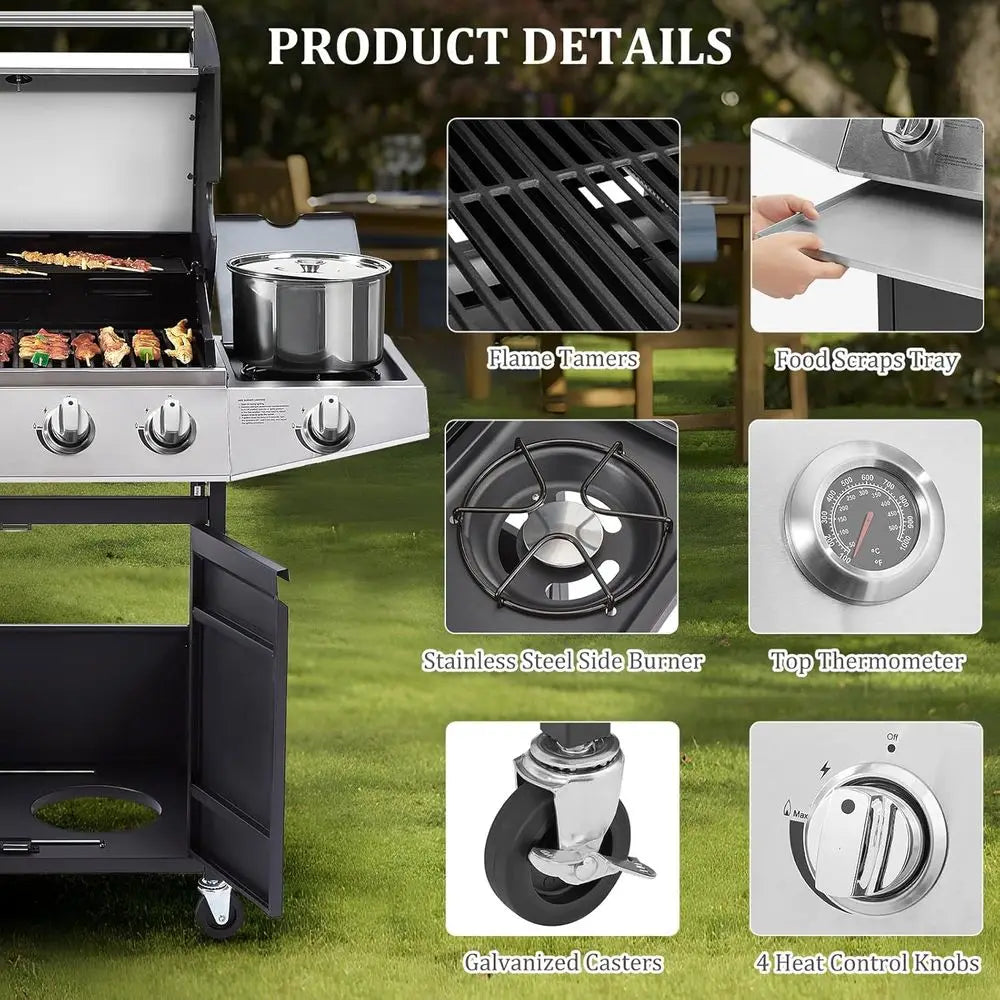 Four Burner Propane Gas BBQ Grill With Side Burner Thermometer