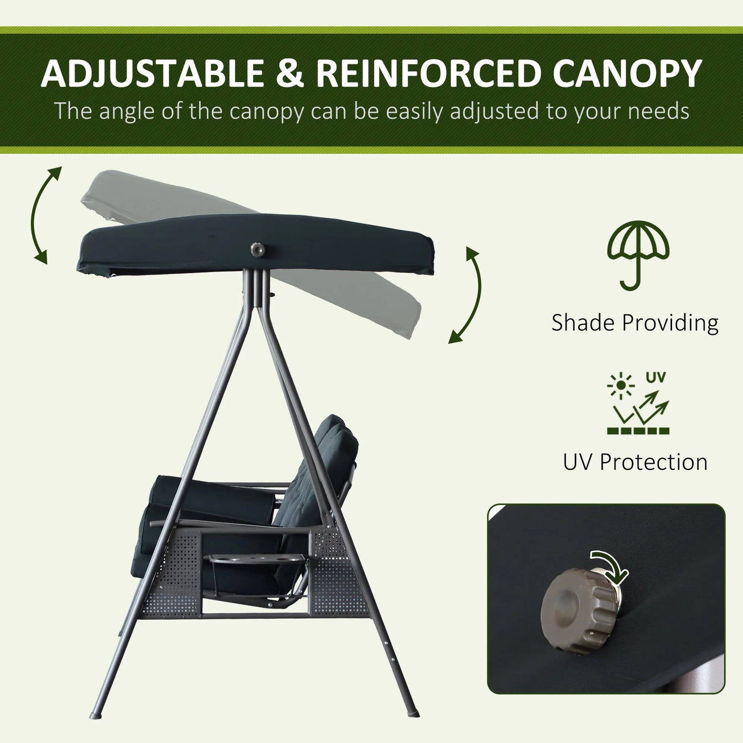 3-Person Outdoor Canopy Glider Bench with Cushions | Patio Porch Swing SeatThree Person Outdoor Canopy Cushioned Glider Bench