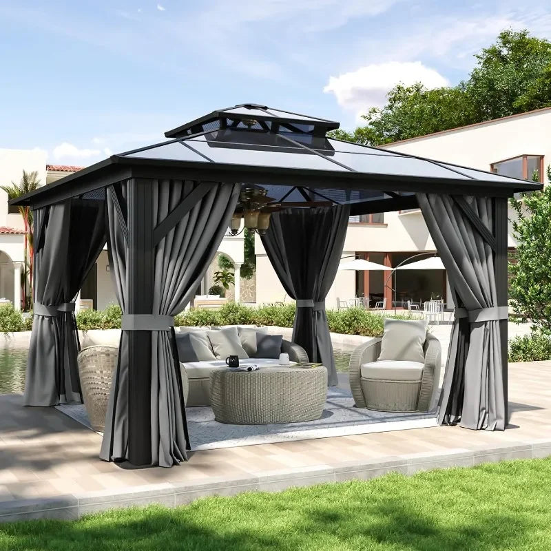Hardtop Aluminum Gazebo With Curtains Netting And Outdoor Polycarbonate Roof