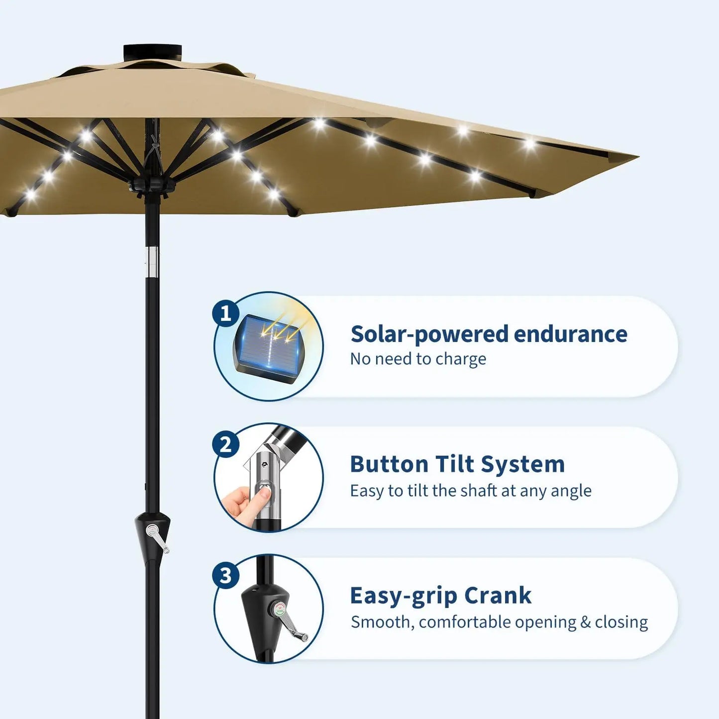 Solar Powered Patio Umbrella With 32 LED Lights Tilt System