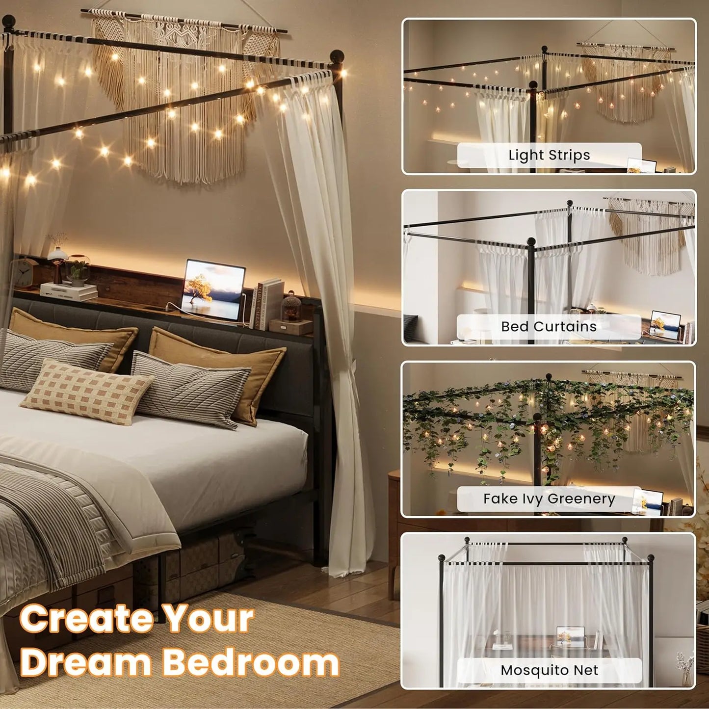 LIKIMIO Canopy Bed Frame With Storage And Charging Headboard