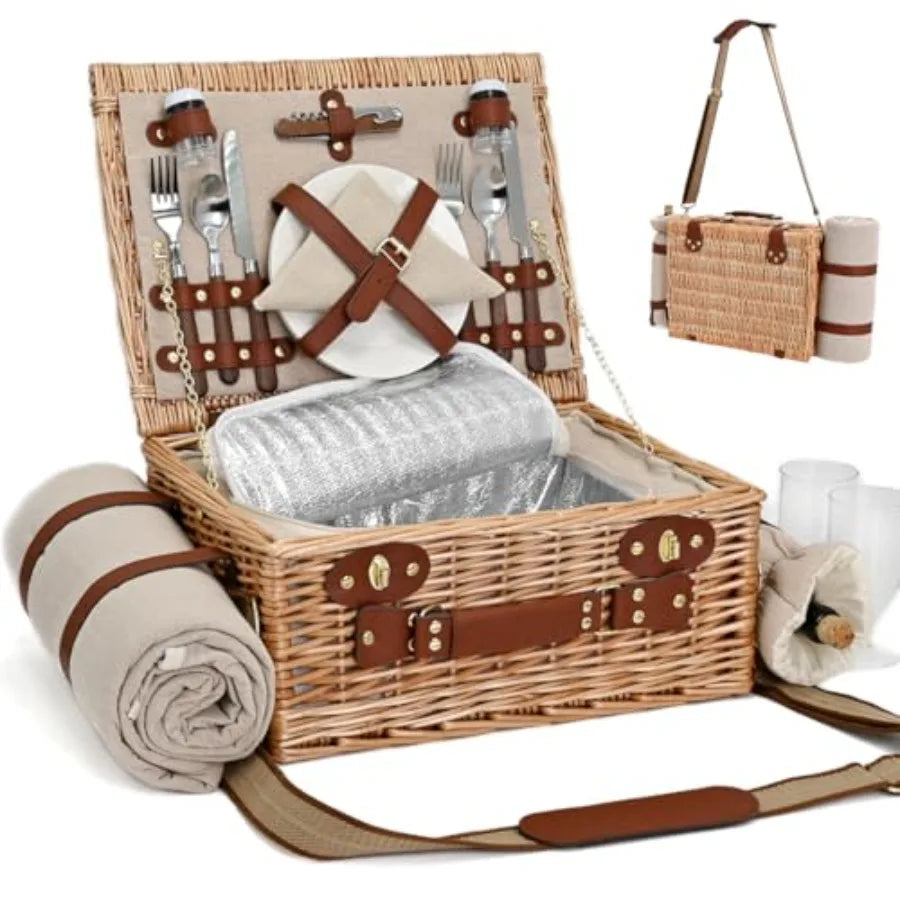 Wicker Picnic Basket for Two with Blanket & Wine Pouch | Outdoor Picnic Set