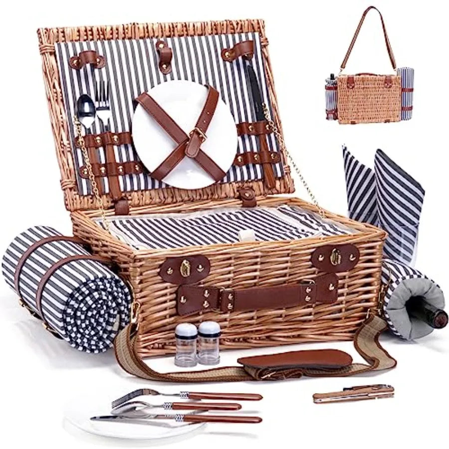 Wicker Picnic Basket for Two with Blanket & Wine Pouch | Outdoor Picnic Set