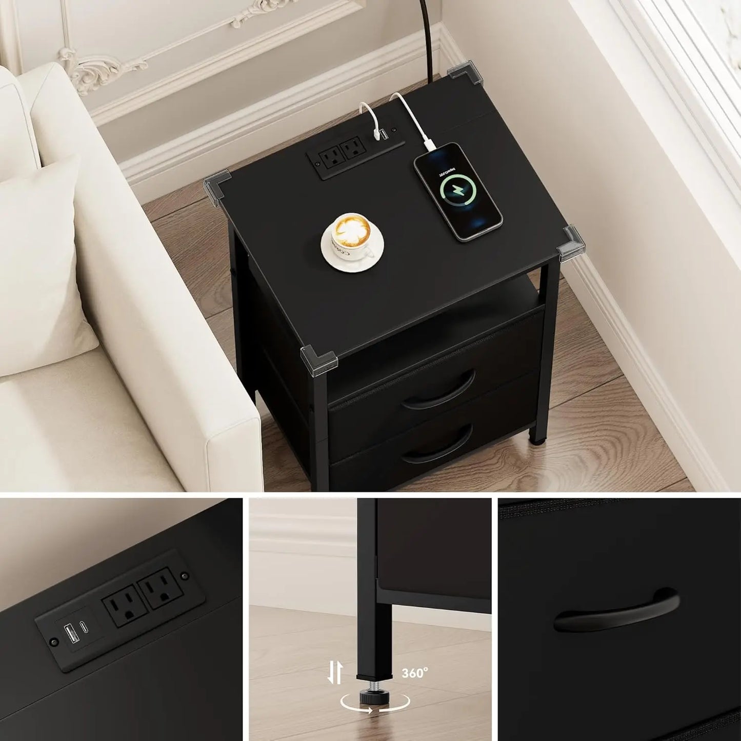 Two Piece Nightstand Set With LED Lighting And Charging Dock
