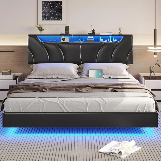 Floating Upholstered Bed Frame With Storage Headboard Led