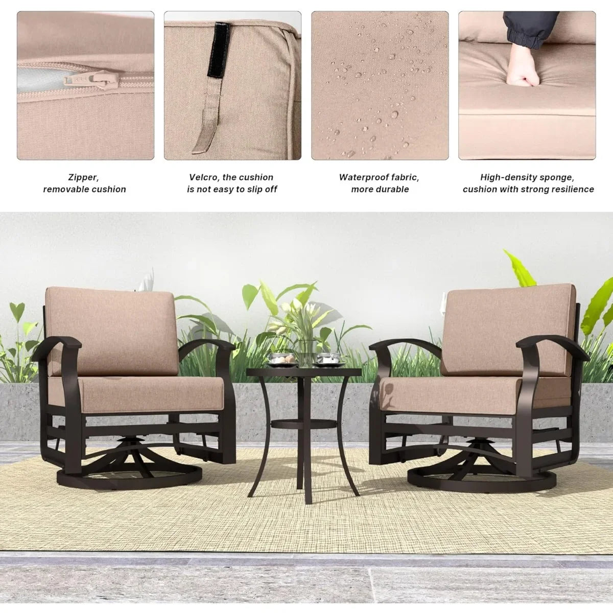 Swivel Rocker Patio Set 3 Piece Aluminum Chairs Glass Table