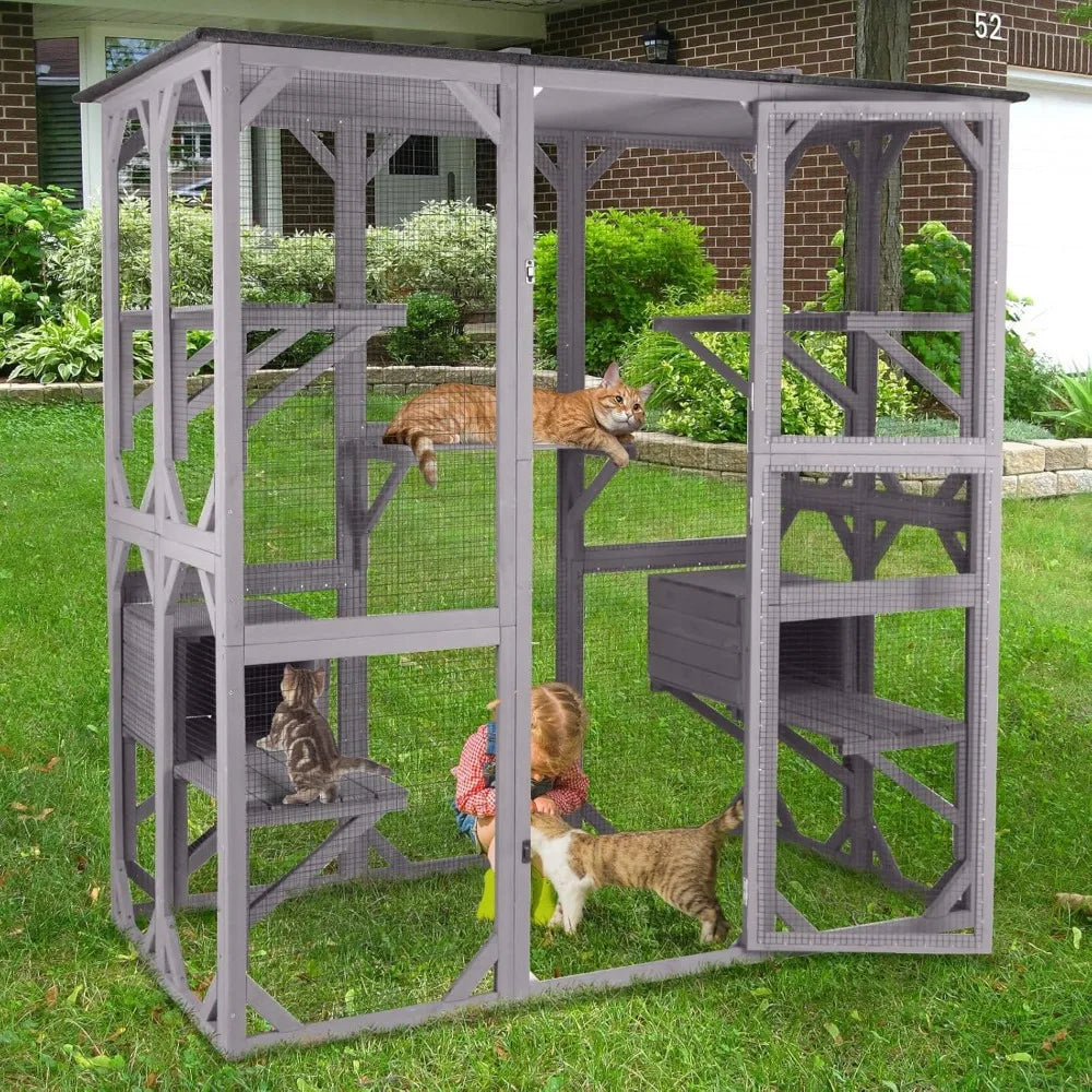 Outdoor Wooden Catio Enclosure For Multiple Cats With Roof