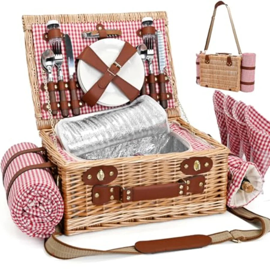 Wicker Picnic Basket for Two with Blanket & Wine Pouch | Outdoor Picnic Set