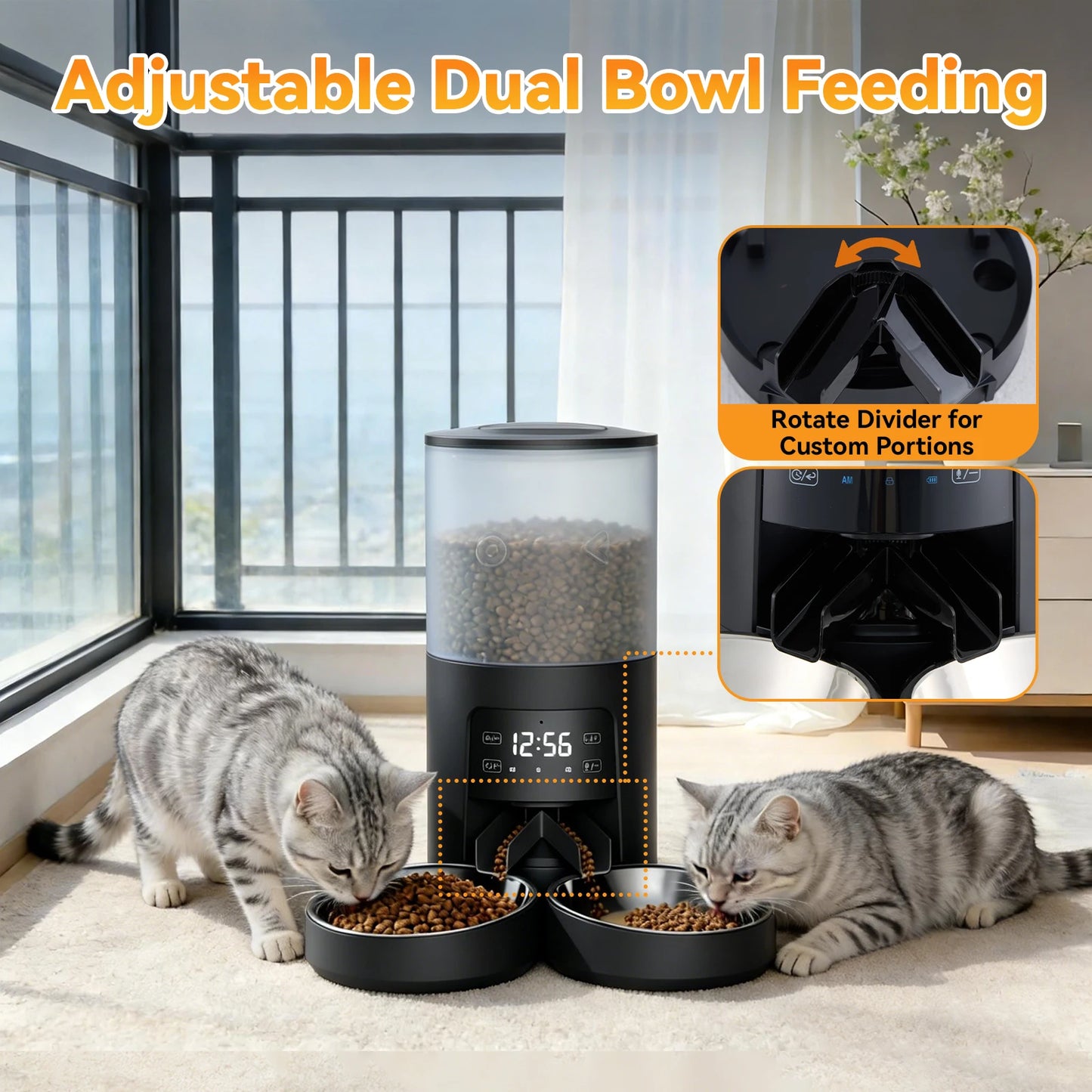 Automatic Cat Feeder With Stainless Bowls Timed Dispenser For Pets