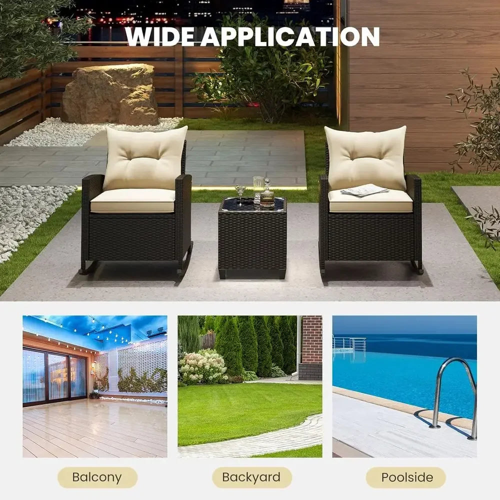 Outdoor Wicker Rocking Chair Set With Cushions And Coffee Table