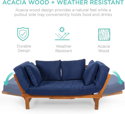 Convertible Acacia Wood Outdoor Futon Sofa With Pullout Tray