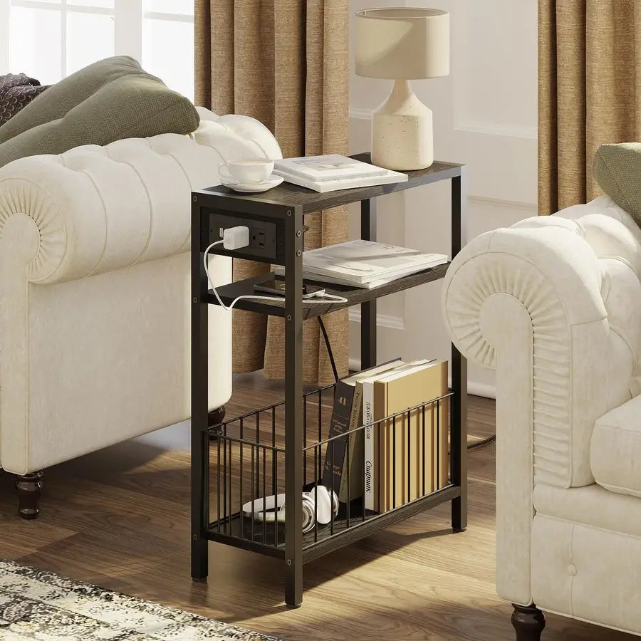 Slim Side Table With Charging Station And Three-Tier Storage Basket