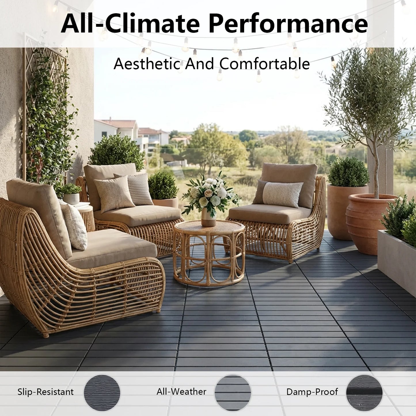 Plastic Interlocking Deck Tiles (44 Pack) - 12"x12" Outdoor Patio Flooring, Decking Tiles for Poolside, Backyard, Balcony