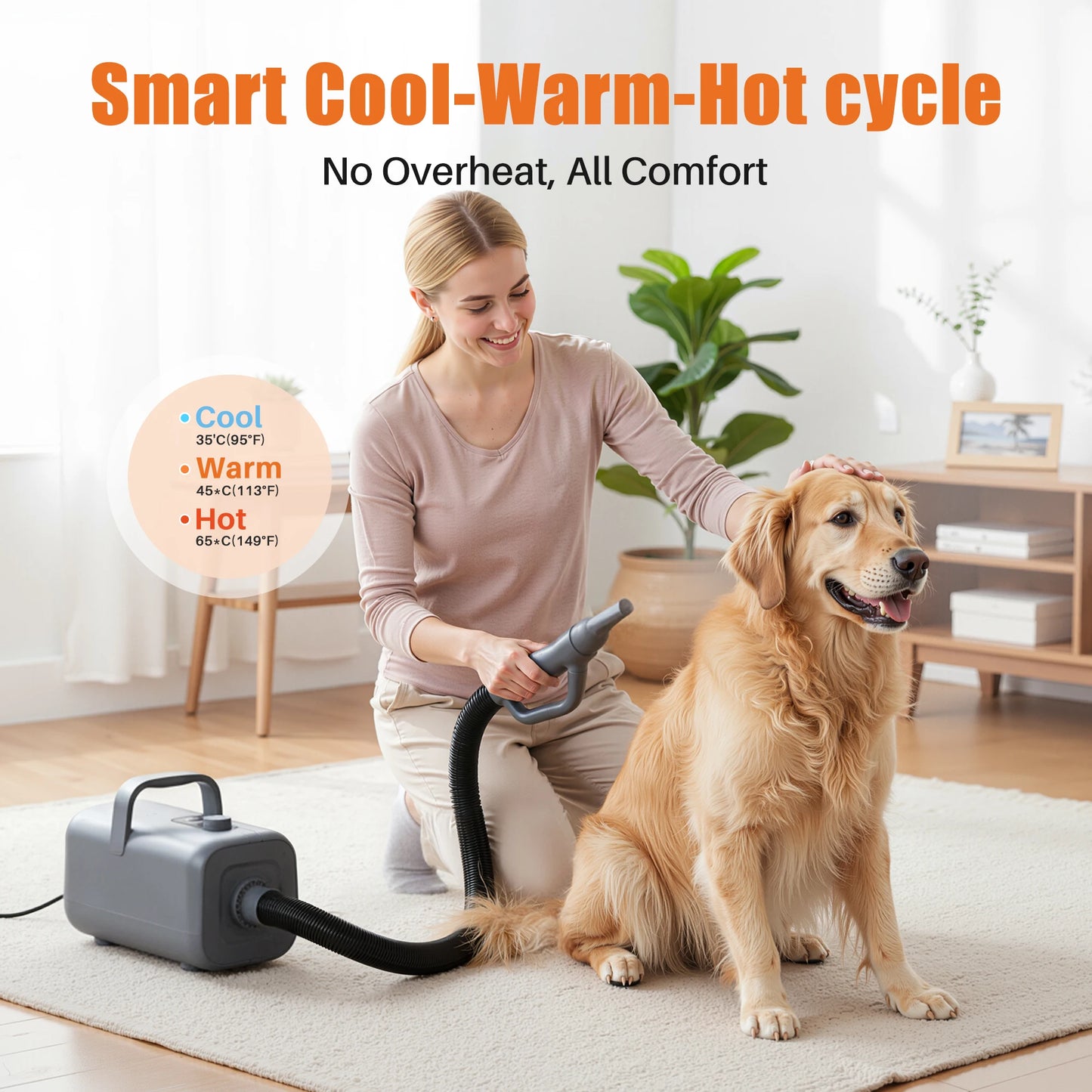 JHK Pet Blow Dryer with 4 Nozzles, Adjustable Airflow and 3 Heat Settings