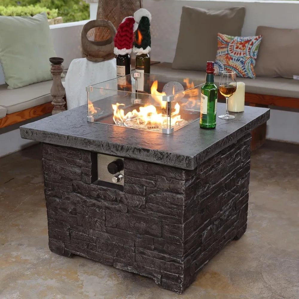 Outdoor Propane Fire Pit Table Square Stone With Wind Guard