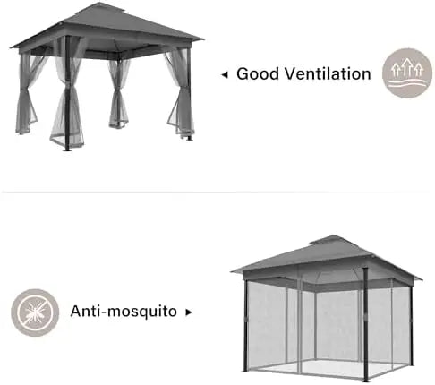 10' x 10' Steel Frame Patio Gazebo with Double Roof &amp; Mesh Netting