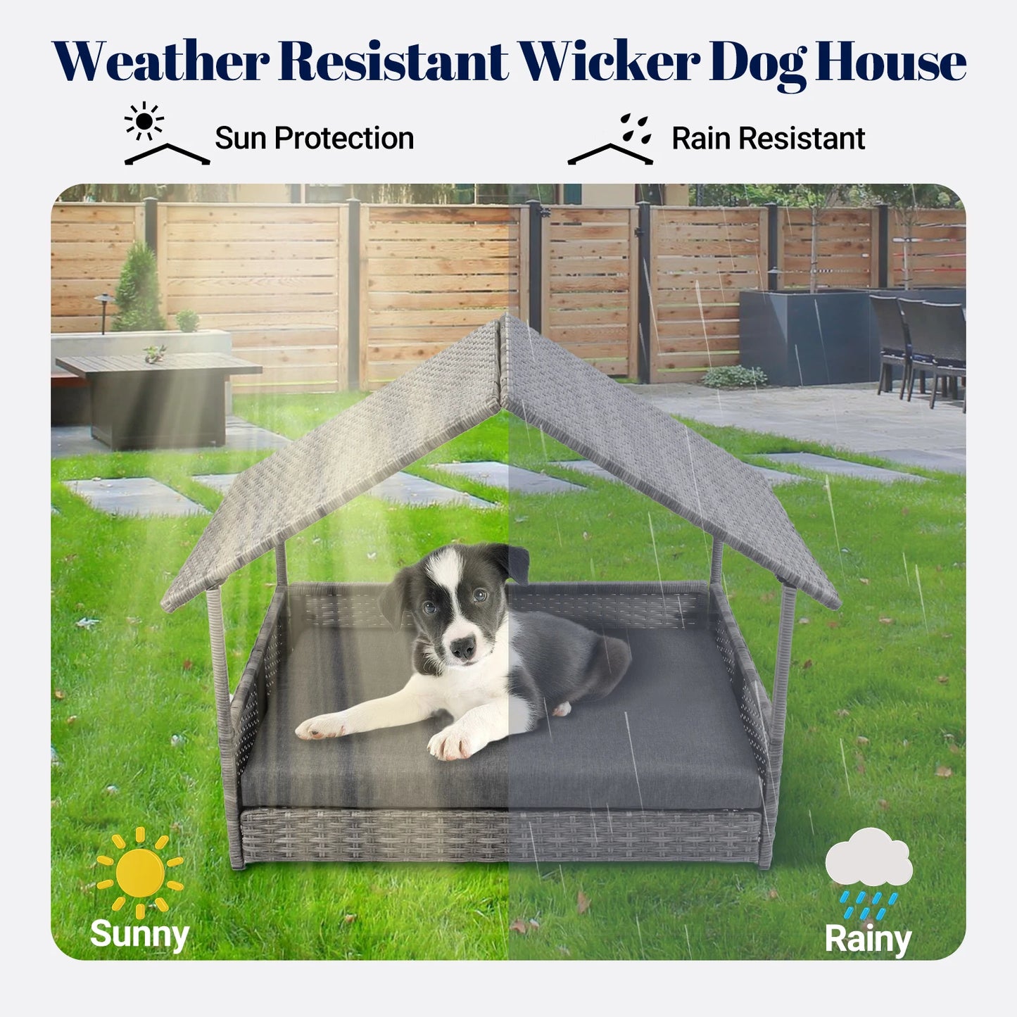 Wicker Dog House With Elevated Canopy Bed For Outdoors