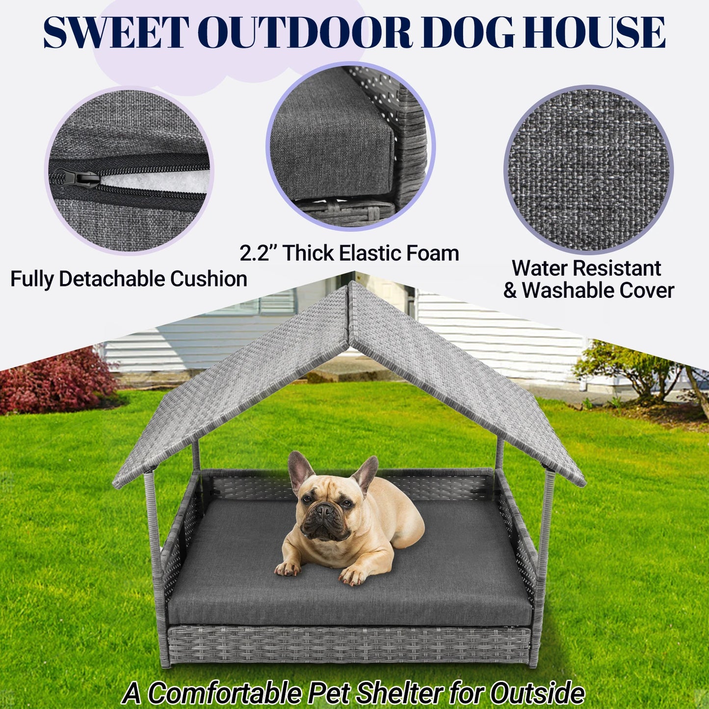 Wicker Dog House With Elevated Canopy Bed For Outdoors