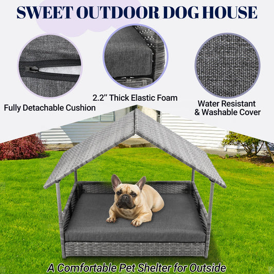 Wicker Dog House With Elevated Canopy Bed For Outdoors