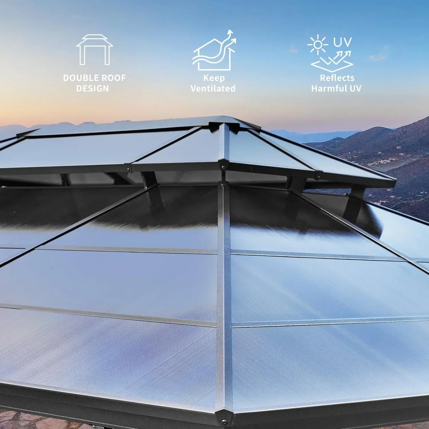 Outdoor Hardtop Gazebo With Polycarbonate Roof And Curtains Netting