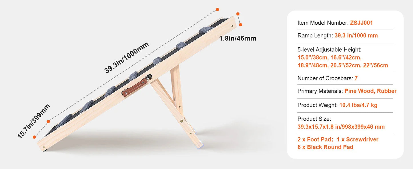 Adjustable Folding Wooden Dog Ramp for Beds, Sofas and Vehicles