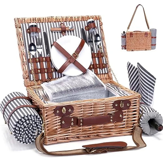 Wicker Picnic Basket for Two with Blanket & Wine Pouch | Outdoor Picnic Set