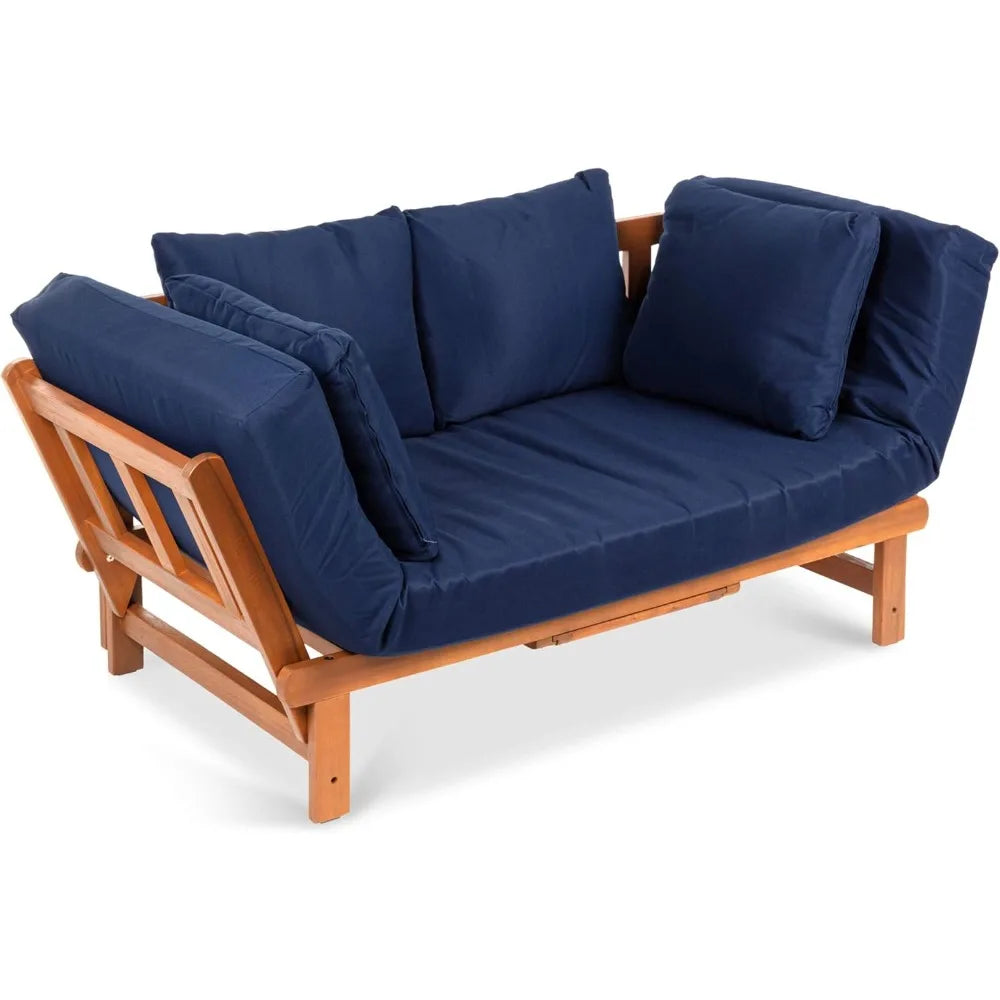 Outdoor Convertible Acacia Wood Futon Sofa With Pullout Tray