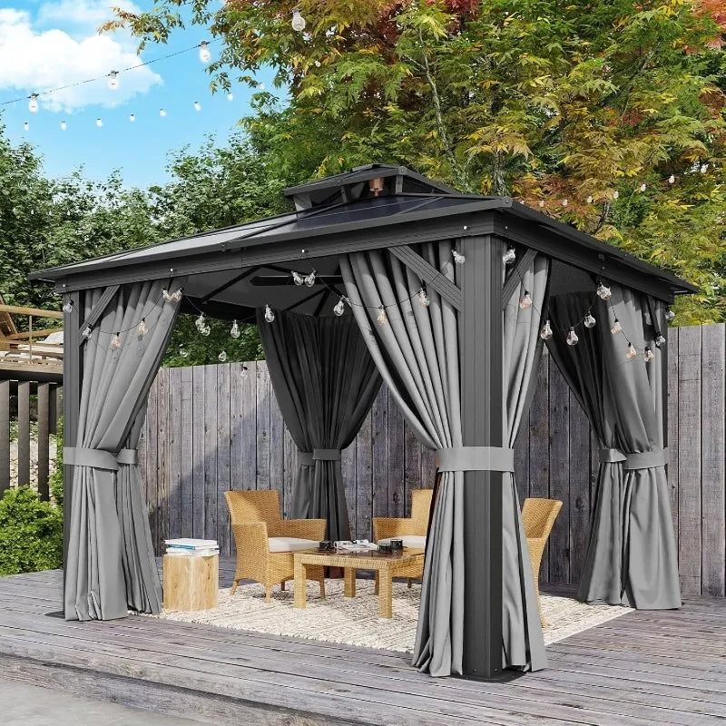 Hardtop Aluminum Gazebo With Curtains Netting And Outdoor Polycarbonate Roof