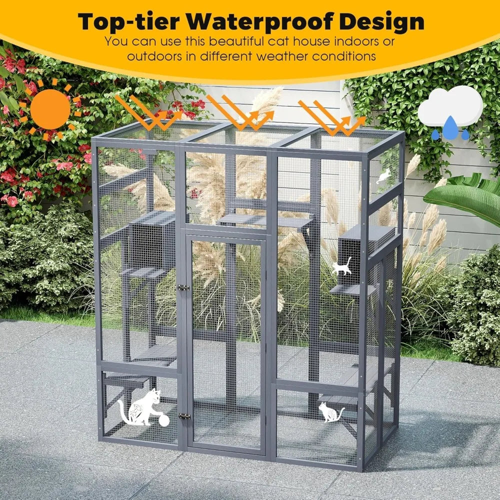 Outdoor Wooden Catio Enclosure With Waterproof Roof And Perches