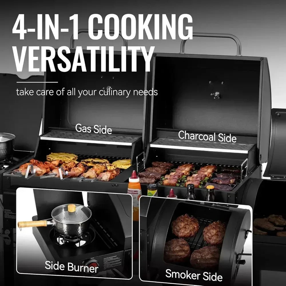 4-in-1 Dual-Fuel Gas & Charcoal Grill with Smoker & Side Burner