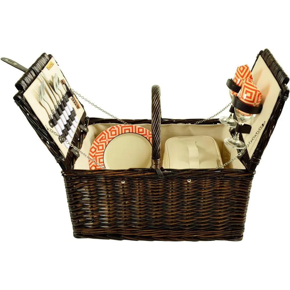 Surrey Willow Picnic Basket in Brown Wicker with Diamond Orange Design