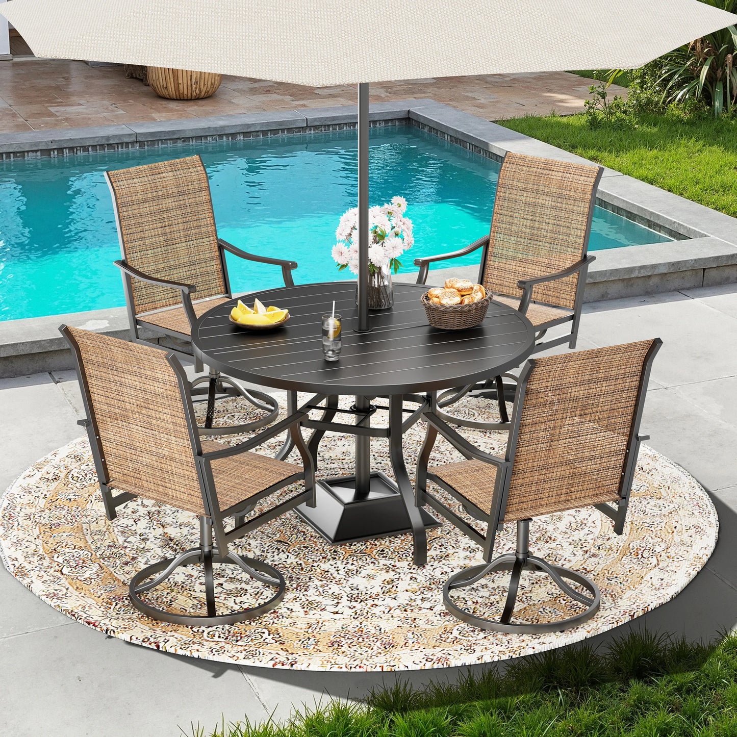 Round Outdoor Patio Dining Table With Umbrella Hole Iron