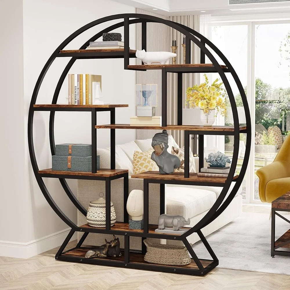 Industrial Round Bookshelf With Staggered Shelves Etagere