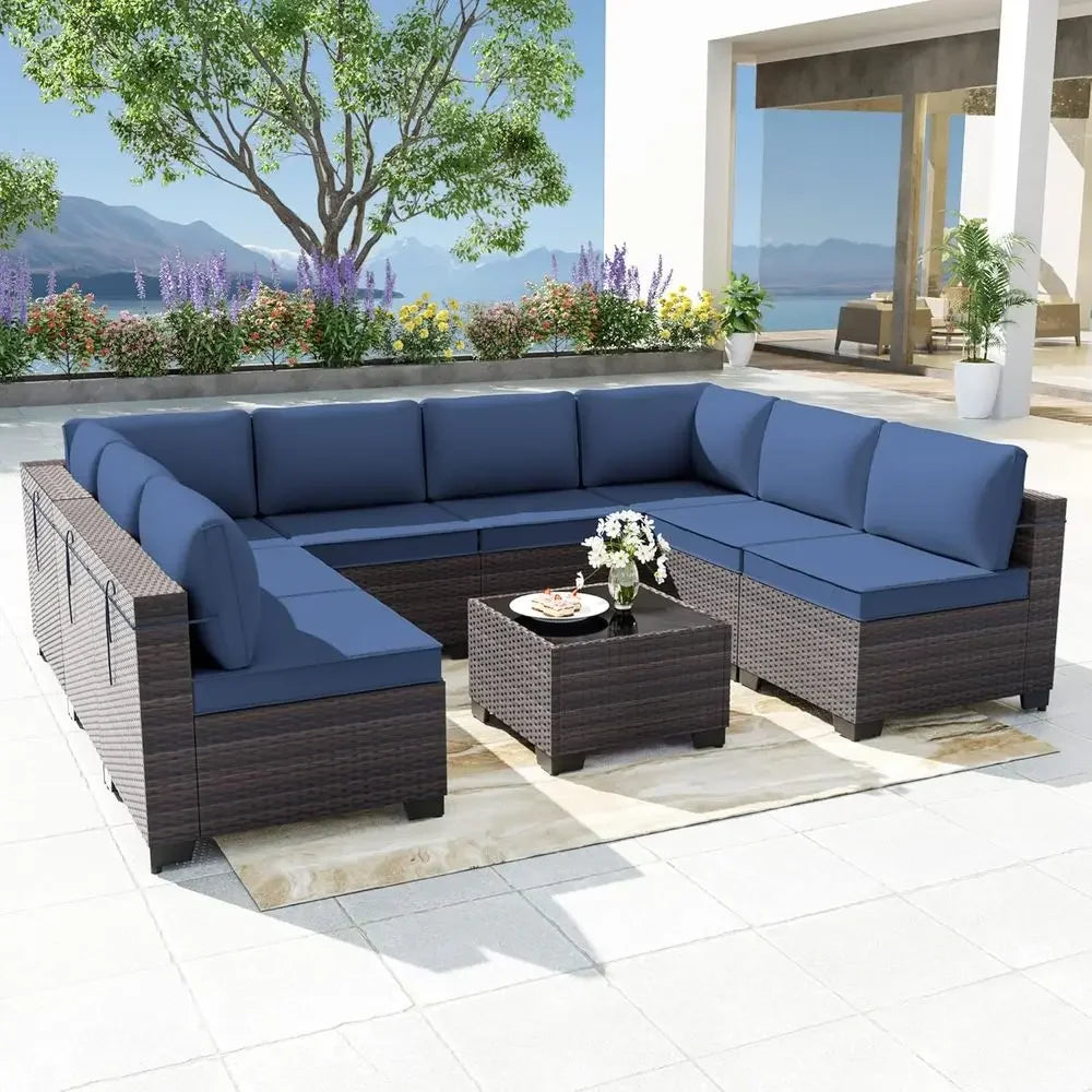 9-Piece Outdoor Patio Set With Rattan Wicker And Glass Coffee Table