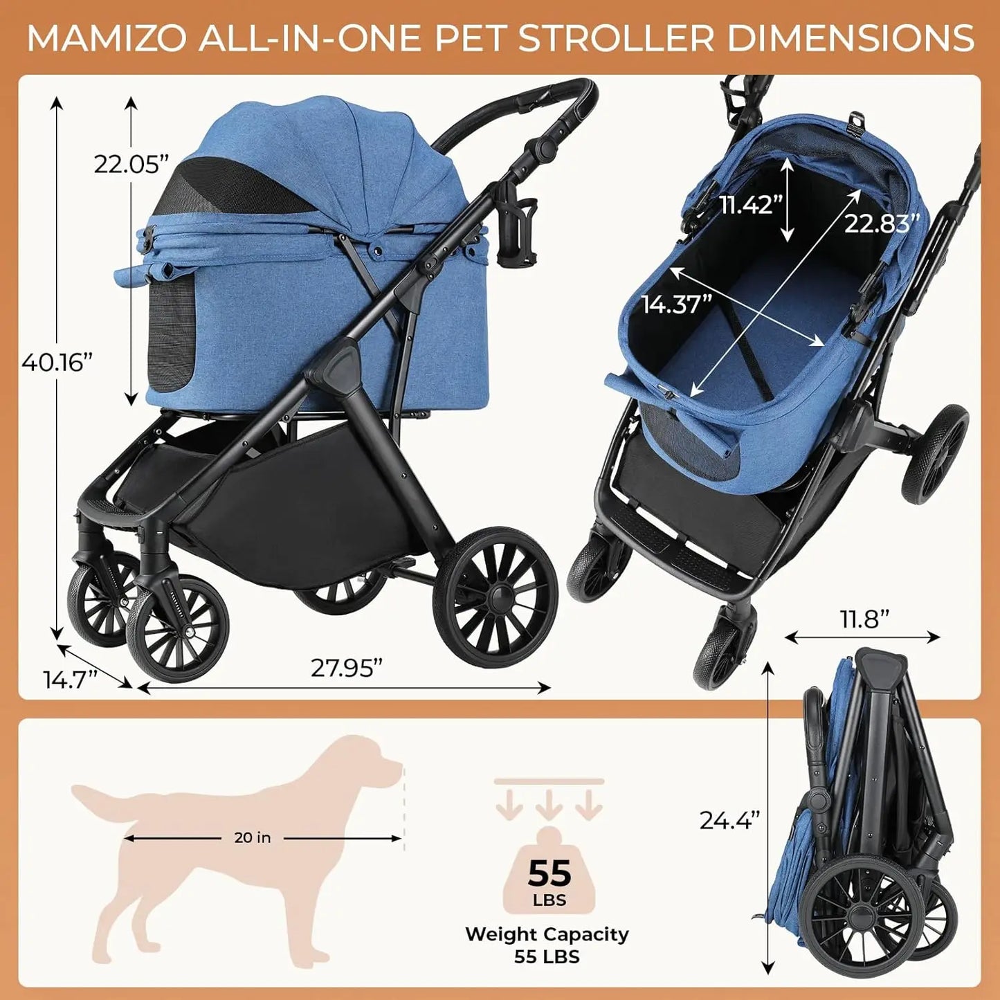 JHK 3 Wheels Foldable Pet Stroller for Small Dogs and Cats Stroller with Mesh Windows Storage Basket Cup Holder for Outdoor Use