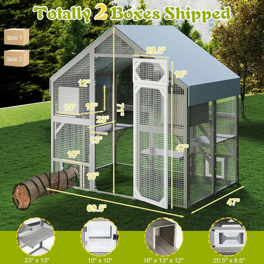 Outdoor Catio Enclosure For Multiple Cats With Weatherproof Roof