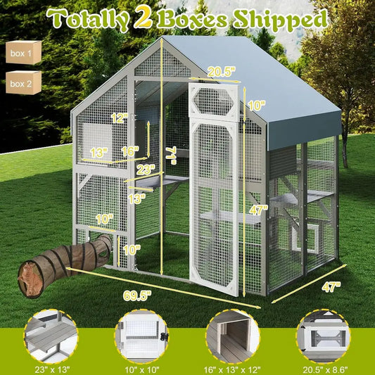Outdoor Catio Enclosure For Multiple Cats With Weatherproof Roof