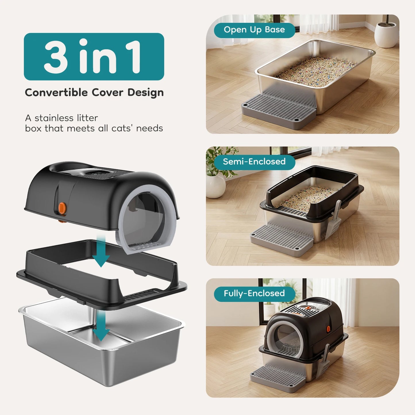 Stainless Steel Enclosed Cat Litter Box With Scoop And Mat