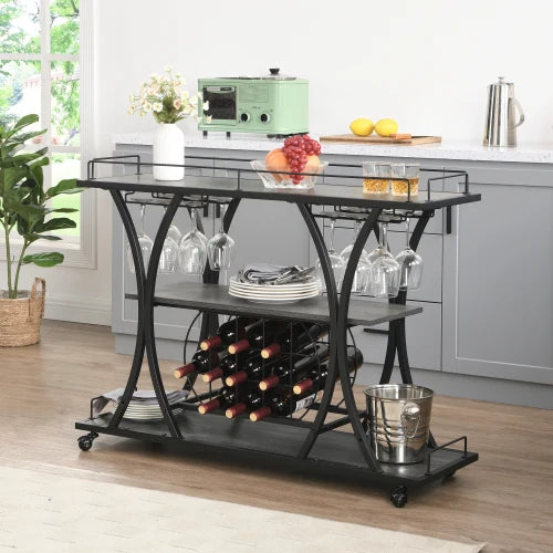 Three Tier Bar Cart With Mobile Wine Glass Storage