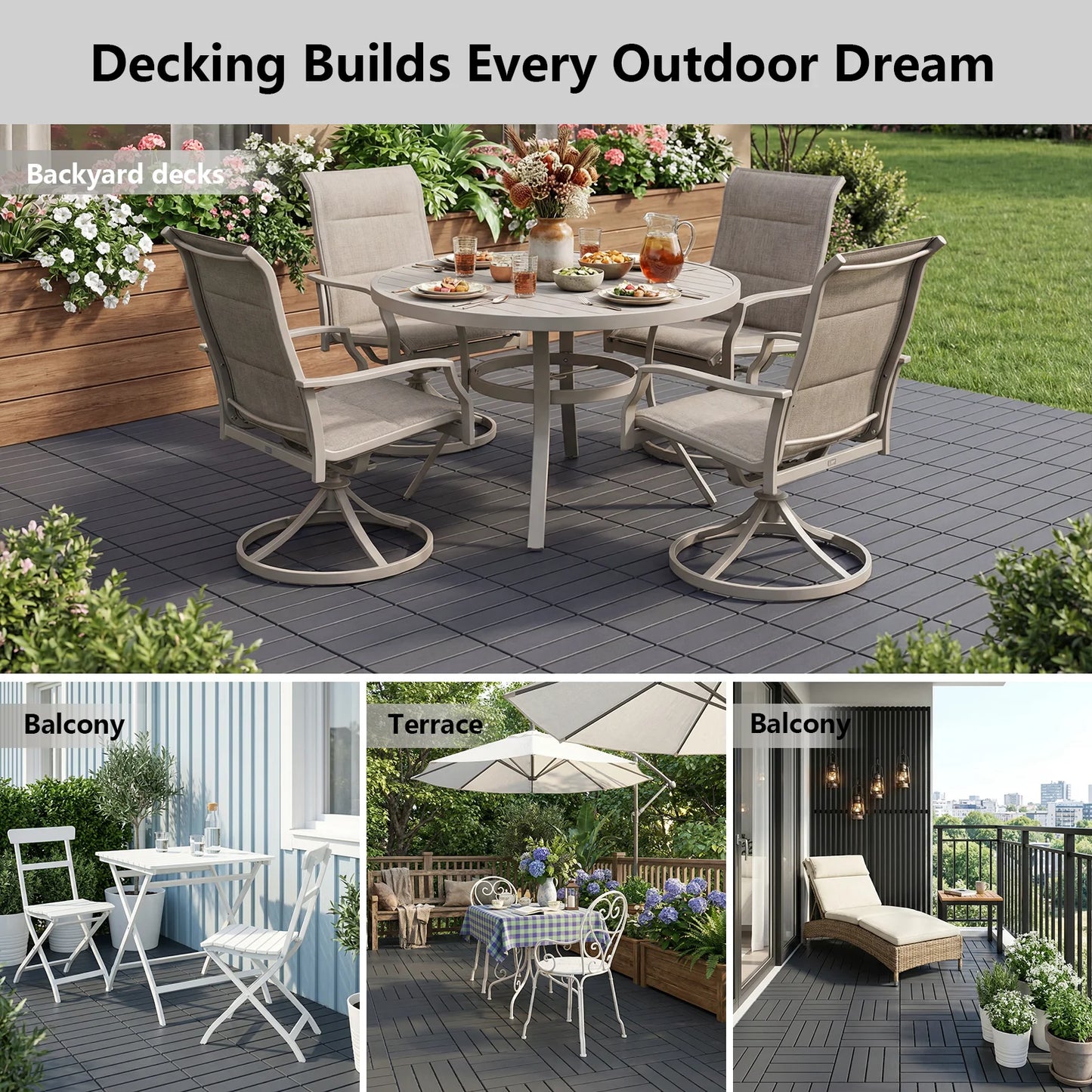 Plastic Interlocking Deck Tiles (44 Pack) - 12"x12" Outdoor Patio Flooring, Decking Tiles for Poolside, Backyard, Balcony